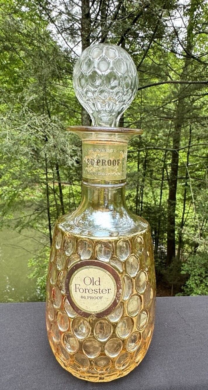 Vtg OLD FORESTER Whiskey Glass Decanter Marigold Iridescent 10.5 Thumbprint A77